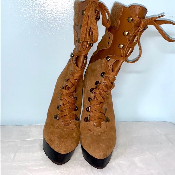 :Sold: Bebe Yvette III Suede Lace up Boots Tan - Picture 8 of 16